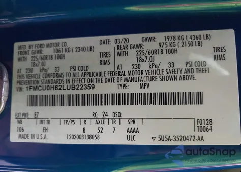2020 Ford Escape Sel from USA, damaged, VIN 1FMCU0H62LUB22359